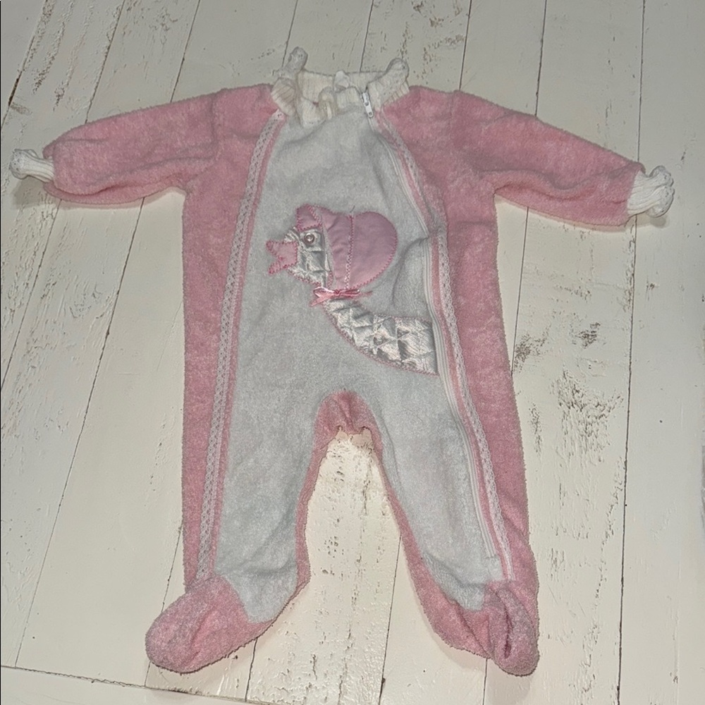 12m VTG 70s Terry cloth duck Pink&White babies One PC zipper sleepers w ruffles